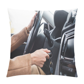 Personality  Partial View Of Woman Starting Car While Holding Steering Wheel Pillow Covers