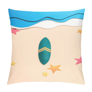 Personality  Top View Of Paper Beach With Surfboard And Starfishes On Sand Near Ocean Pillow Covers