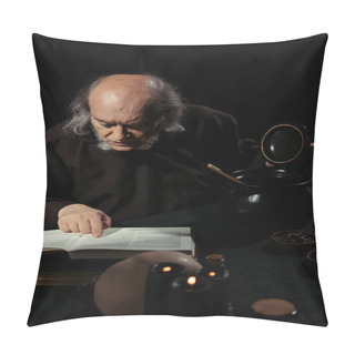 Personality  Senior Alchemist Reading Magic Cookbook Near Pot Isolated On Black Pillow Covers