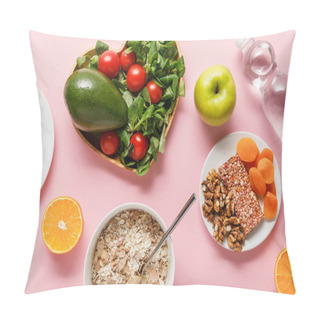 Personality  Top View Of Fresh Diet Food And Water On Pink Background Pillow Covers