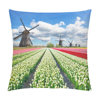 Personality  Vibrant Tulips Field With Dutch Windmills Pillow Covers
