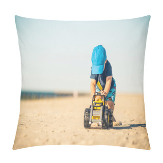 Personality  Toddler Boy Playing With Toys On A Sunny Beach. Little Child Walking On Sand. Beautiful Inspirational Beach And Ocean View, Landscape. Pillow Covers