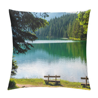 Personality  Benches On Coast Of Beautiful Glacial Black Lake In Montenegro Pillow Covers