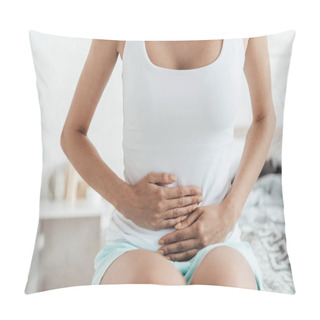 Personality  Partial View Of Young Woman Sitting On Bed And Touching Belly Pillow Covers