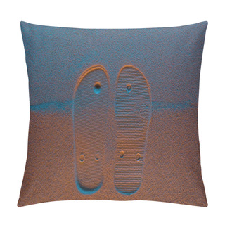 Personality  Top View Of Flip Flops Mark On Sand With Color Filter Pillow Covers