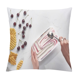 Personality  Cropped View Of Woman With Delicious Ice Cream And Spoon Near Waffles And Cherries On Marble Grey Background Pillow Covers