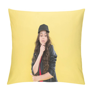 Personality  How To Be A Hipster. Happy Kid In Stylish Leather Jacket. Small Girl Just Thinking. Kid Fashion Concept. Child Has Long Curly Hair. After Visit To Hairdresser. Better Look In Cap. Looking So Cool Pillow Covers