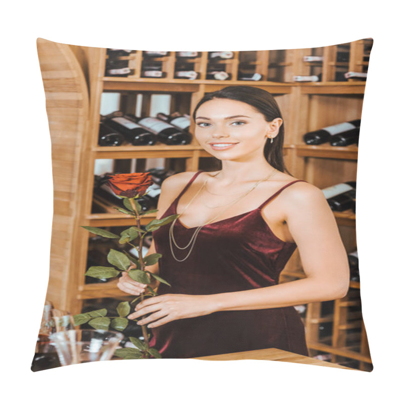 Personality  Beautiful Woman In Red Dress With Rose Flower At Wine Store Pillow Covers