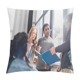Personality  Men And Woman Looking At Folder With Documents At Office Pillow Covers