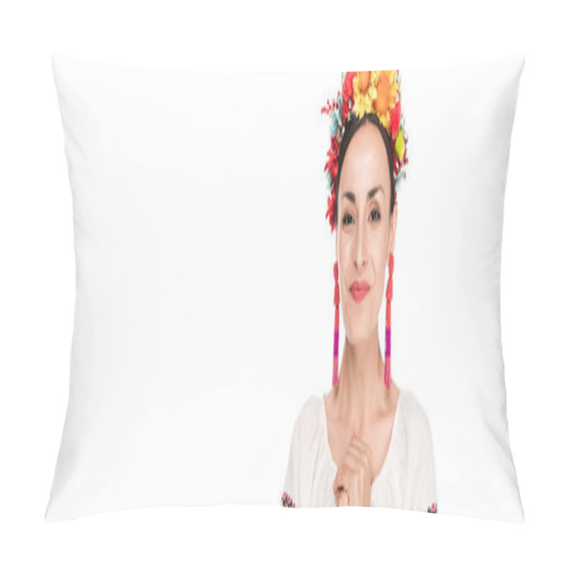 Personality  Happy Brunette Young Woman In National Ukrainian Embroidered Shirt And Floral Wreath Isolated On White, Panoramic Shot Pillow Covers
