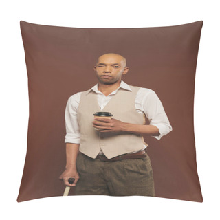 Personality  Inclusion, Bold African American Man With Myasthenia Gravis Syndrome, Standing With Paper Cup And Walking Cane, Dark Skinned Man With Chronic Disease On Brown Background, Coffee To Go  Pillow Covers