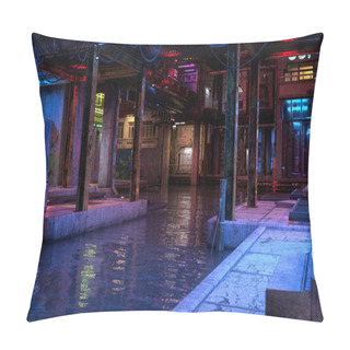 Personality  Cyberpunk City Dystopian Future Urban Scene By Canal. 3D Rendering Pillow Covers