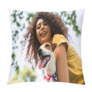 Personality  Selective Focus Of Excited, Curly Woman Holding Jack Russell Terrier Dog, Low Angle View Pillow Covers