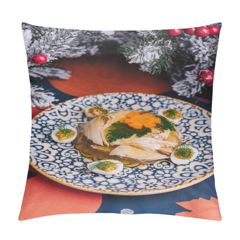 Personality  Appetizing Plate Of Jelly Chicken With Holiday Garnishes, Surrounded By Snowy Branches And Berries Pillow Covers