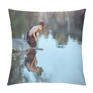 Personality  Caveman. Little Boy Sitting On The Beach And Looks At The Water Pillow Covers