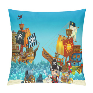 Personality  Cartoon Scene Of Beach Near The Sea Or Ocean - Pirate Captain On The Shore And Treasure Chest - Pirate Ships - Illustration For Children Pillow Covers