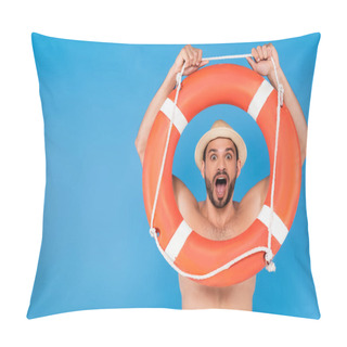 Personality  Excited Shirtless Man In Sun Hat Holding Life Buoy Isolated On Blue  Pillow Covers