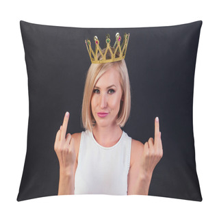Personality  Business Woman Blonde With A Golden Crown On Her Head Showing Fuck Off With The Middle Finger Studio Shot Black Background Pillow Covers