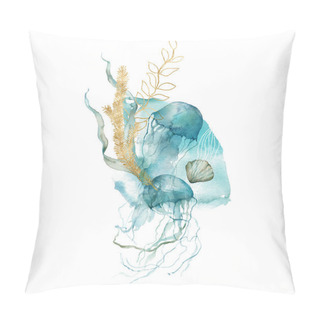 Personality  Watercolor Abstract Card Of Shell, Jellyfish, Linear And Gold Laminaria. Underwater Animals And Plant Isolated On White Background. Aquatic Illustration For Design, Print Or Background. Pillow Covers