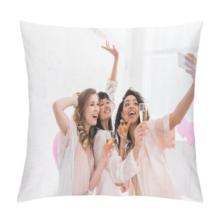 Personality  Excited Multicultural Girls With Glasses Of Champagne Taking Selfie On Smartphone During Pajama Party Pillow Covers