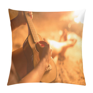 Personality  A Female Musician Playing Guitar Outside, Sitting Next To A Fire. Relaxation. Pillow Covers