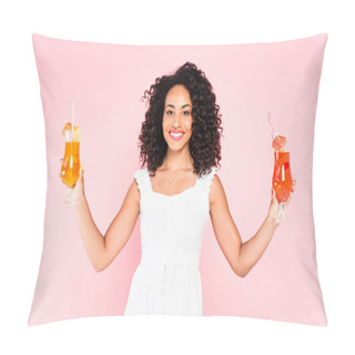 Personality  Happy African American Girl Holding Cocktails On Pink  Pillow Covers