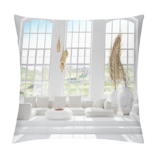 Personality  Light And Spacious Bohemian Living Room, ScandiBoho Style, 3d Render Pillow Covers