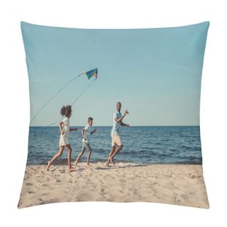 Personality  Father And Kids Playing With Kite On Beach Pillow Covers