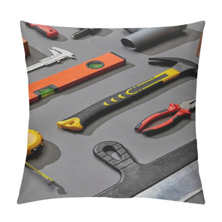 Personality  Flat Lay With Measuring Tape, Calipers, Hammer, Screwdriver, Brush, Angle Keys, Putty Knife And Spirit Levels On Grey Background Pillow Covers