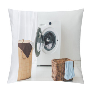 Personality  Opened Washer And Brown Baskets In Laundry Room Pillow Covers