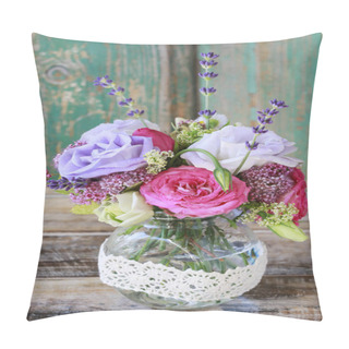 Personality  Bouquet With Rose, Eustoma And Lavender Flowers.  Pillow Covers