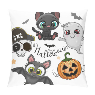 Personality  Set Of Cute Halloween Illustrations And Design Elements With Batl, Black Cat And Goat Pillow Covers