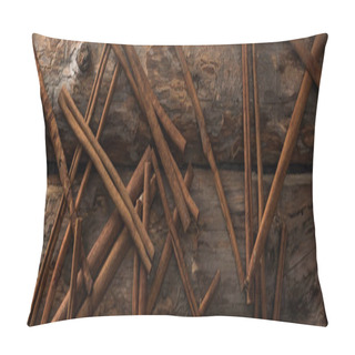 Personality  Top View Of Cinnamon Sticks Scattered On Wooden Background, Panoramic Shot Pillow Covers