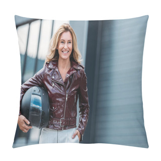 Personality  Smiling Woman In Leather Jacket Holding Motorcycle Helmet On Street And Looking Away Pillow Covers