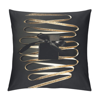 Personality  Black Perfume Bottle With Bow And Shiny Golden Ribbon On Black Pillow Covers