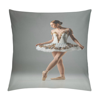 Personality  A Young Ballerina Moves Gracefully In A Stunning White And Gold Dress. Pillow Covers