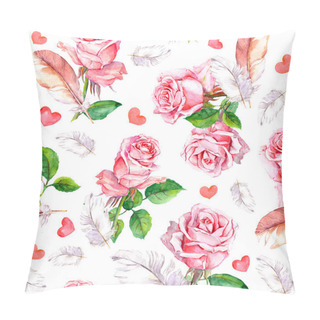 Personality  Rose Flowers, Feathers And Hearts. Repeating Floral Pattern. Watercolor Pillow Covers