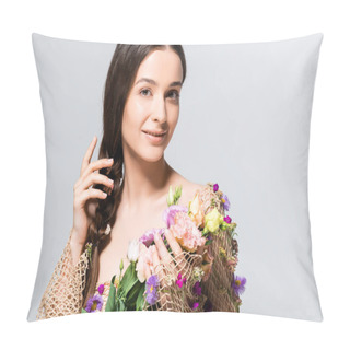 Personality  Smiling Beautiful Woman With Braid In Mesh With Spring Wildflowers Isolated On Grey Pillow Covers