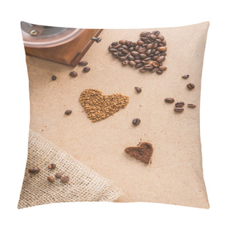 Personality  Top View Of Vintage Coffee Grinder Near Hearts And Burlap On Beige Surface Pillow Covers