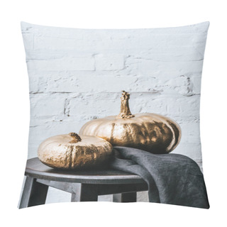 Personality  Close-up Shot Of Two Halloween Pumpkins Painted In Golden Metallic In Front Of White Brick Wall Pillow Covers