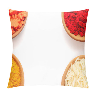 Personality  Top View Of Earthen Pot Filled With Powder  Red Color Sindoor, Turmeric (Haldi), Orange Sindoor, And Rice, Isolated On White. Pillow Covers