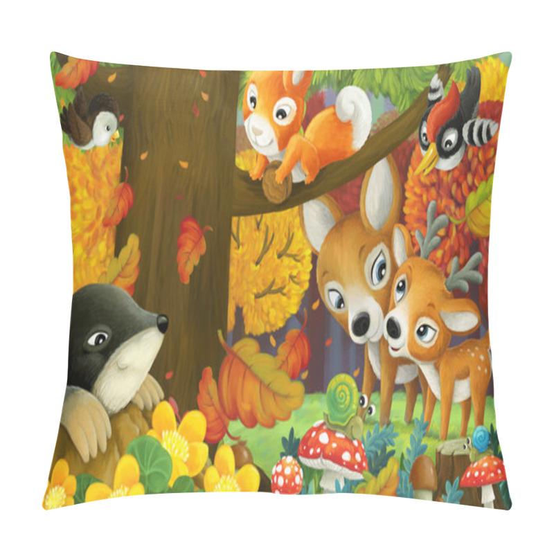 Personality  cartoon scene with forest animals friends having fun in the forest illustration pillow covers
