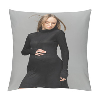 Personality  Trendy And Fair Haired Pregnant Woman With Natural Makeup Posing In Black Dress And Touching Belly Isolated On Grey, New Beginnings And Maternity Concept, Mother-to-be Pillow Covers