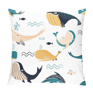 Personality  Whale Pattern. Seamless Print With Cartoon Ocean Swimming Characters. Adorable Water Wild Animals And Sea Waves. Humpbacks And Cachalots. Fish And Shrimp. Marine Mammals. Vector Texture Pillow Covers