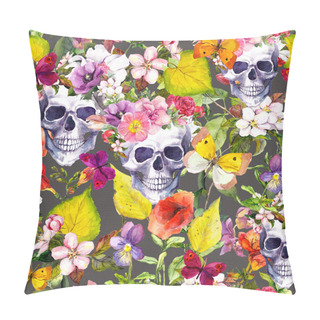 Personality  Human Skulls, Flowers, Autumn Leaves. Seamless Pattern. Watercolor Pillow Covers