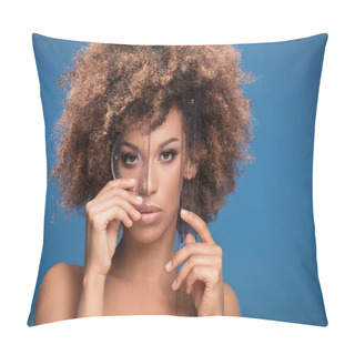 Personality  Beauty Portrait Of African American Woman With Rulers In Hands Near Her Face. Pillow Covers