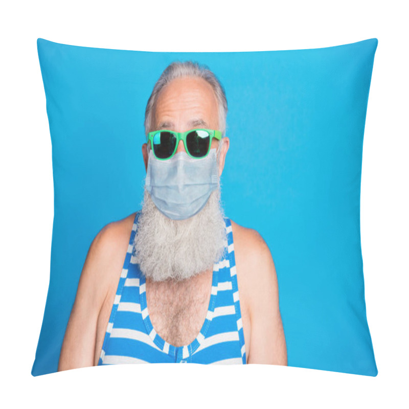 Personality  Closeup portrait of attractive funky glad gray haired old man spend leisure pool party in spite of quarantine use protective medical face mask isolated blue background pillow covers