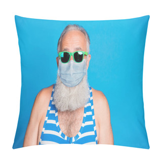 Personality  Closeup Portrait Of Attractive Funky Glad Gray Haired Old Man Spend Leisure Pool Party In Spite Of Quarantine Use Protective Medical Face Mask Isolated Blue Background Pillow Covers