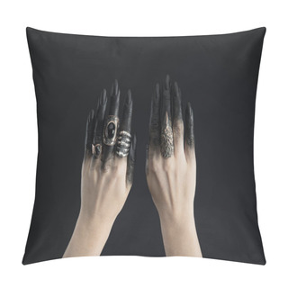 Personality  Cropped View Of Black Painted Hands Of Witch With Jewelry Rings Isolated On Black  Pillow Covers