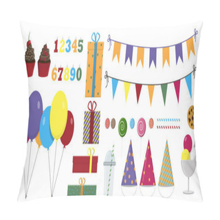 Personality  Vector Set For A Party, Birthday. Flat Illustration Design With Balloons, Gifts, Garlands, Sweets And Drinks. All Holiday Items In The Same Style. Pillow Covers